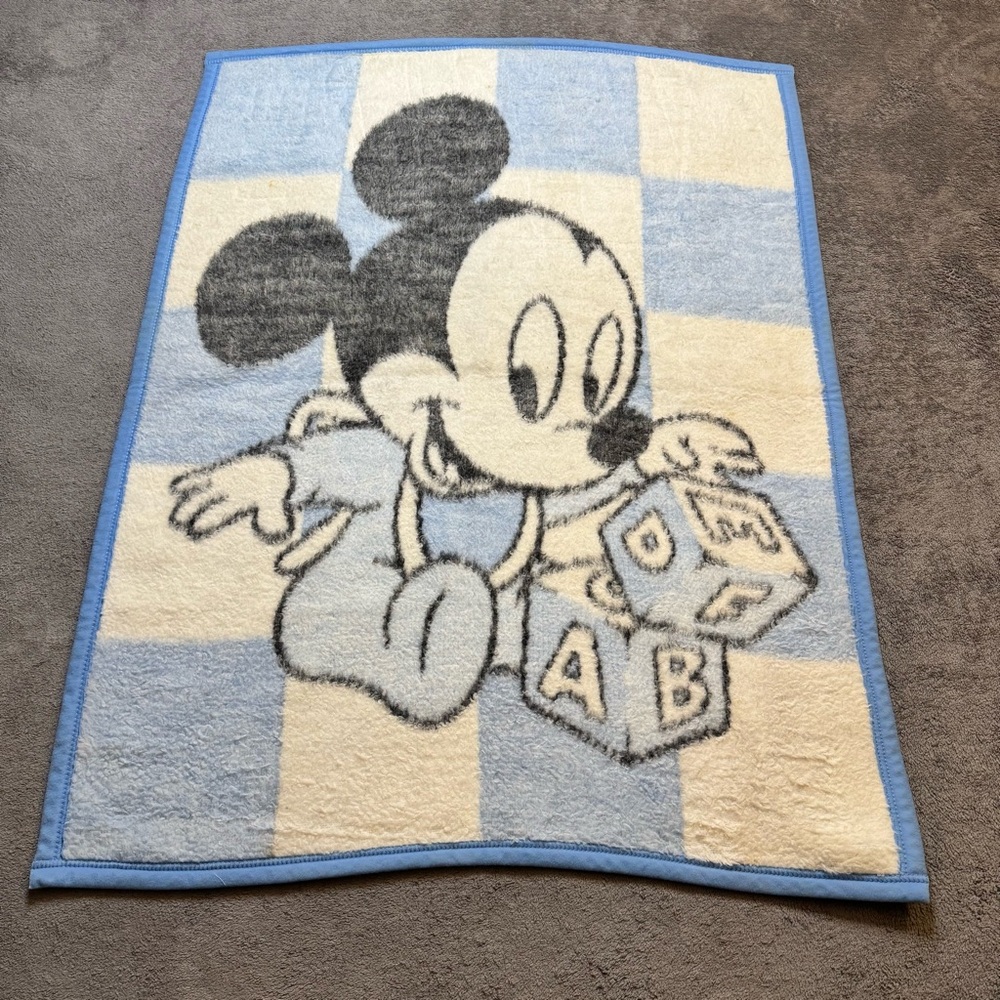 Acryl Velours Disney Baby Mickey Mouse Blanket Blue Checkered ABC Blocks 1984